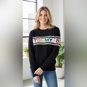 Tommy Hilfiger VTG Navy Sweater Rainbow Print Women's Size XL 90s Retro Nautical